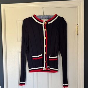 Aqua Navy Blue Cardigan with Red and White Trim